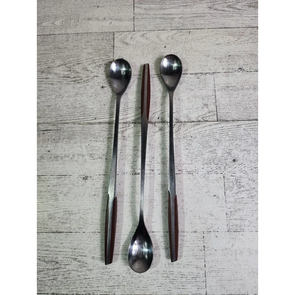 3 Eldan Stainless Steel 8” Ice Tea Spoons Brown Wood Handle MCM Vintage Japan